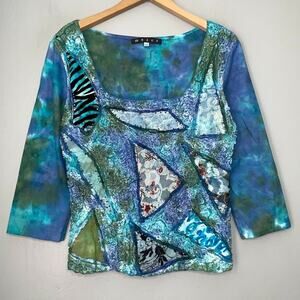 Mezon Size XL Blue Textured Embellished Wearable Artsy Mixed Media Top Tie Dye
